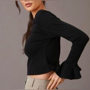 Maeve Anthropologie flouncy long sleeve crop top Sz. S black cotton